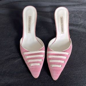 Manolo Blahnik mule stilettos. Pink suede, white laces
